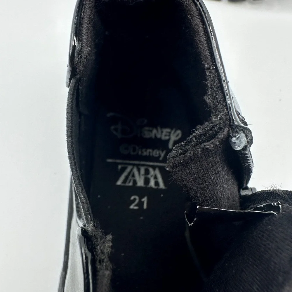 Zara Kids Disney Mickey Mouse Black Glossy Ankle Boots Chunky Lug Sole 21‎